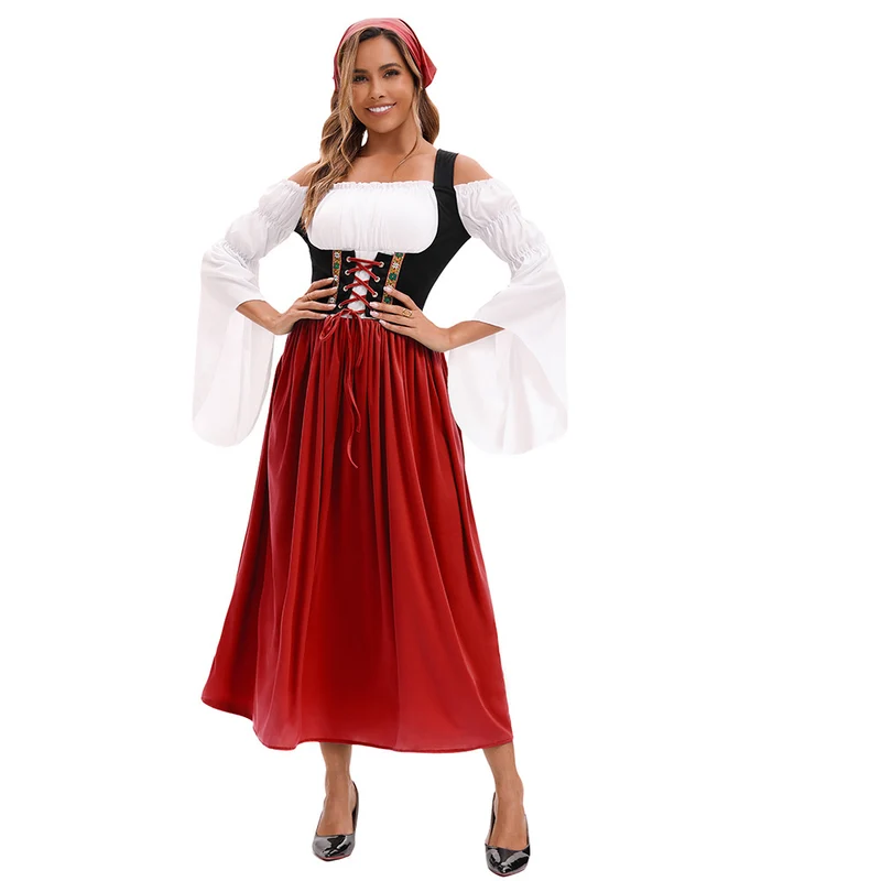 Damen nan Renaissance Dirndl Kostüm mit Schnürmieder und Carmenärmeln Drune