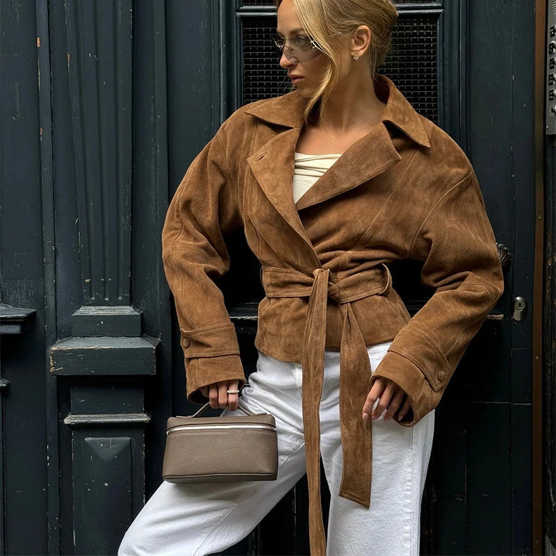 Damen Modische Wildleder-Trenchjacke mit schickem Gürtel Drune
