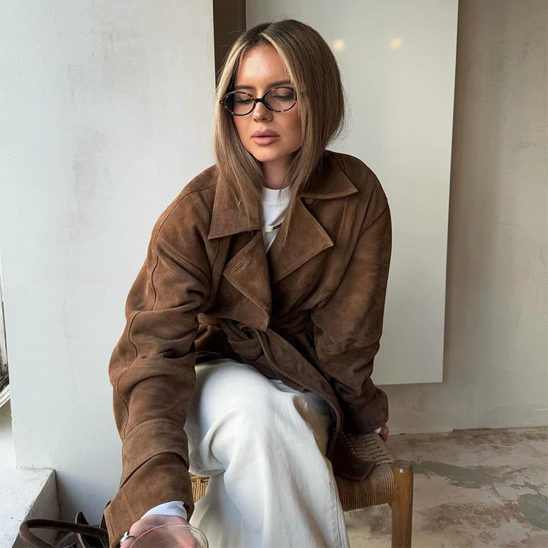 Damen Modische Wildleder-Trenchjacke mit schickem Gürtel Drune
