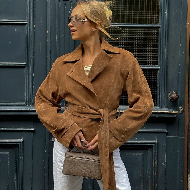 Damen Modische Wildleder-Trenchjacke mit schickem Gürtel Drune