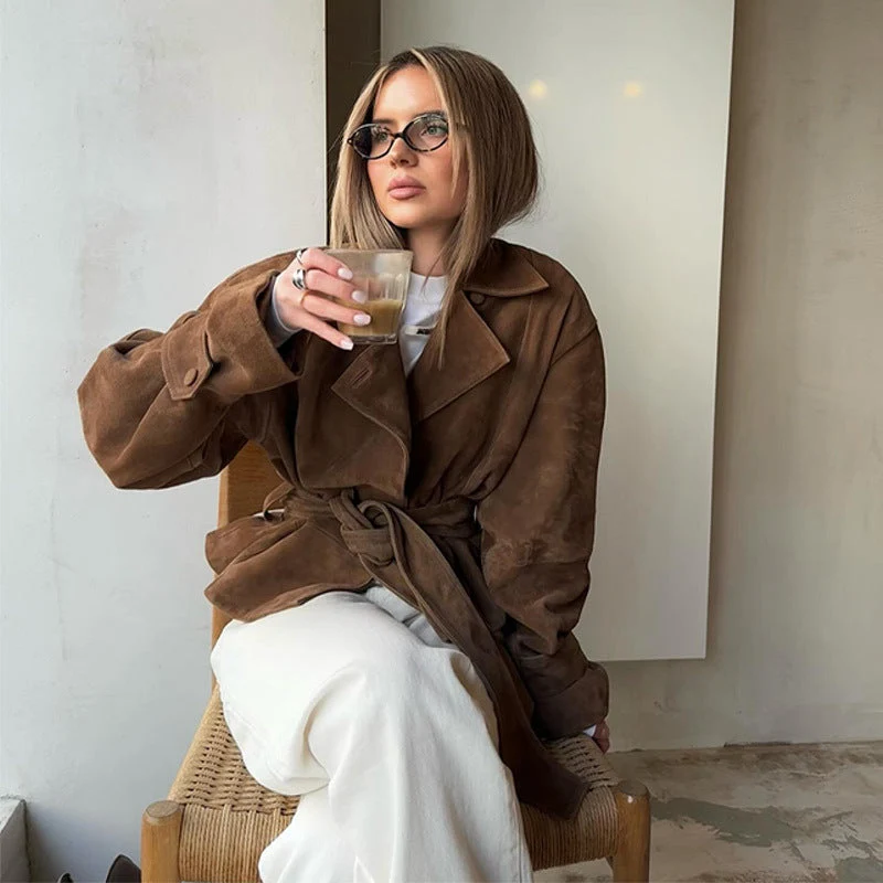 Damen Modische Wildleder-Trenchjacke mit schickem Gürtel Drune