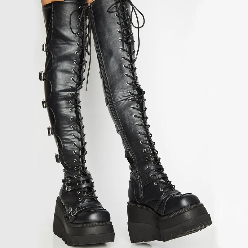 Damen Hochformatige Plateau-Stiefel mit modischem Reißverschluss und Schnür-Design Drune