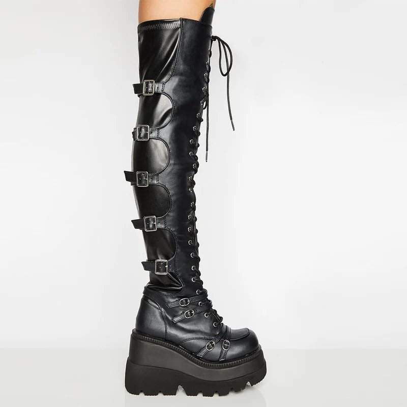 Damen Hochformatige Plateau-Stiefel mit modischem Reißverschluss und Schnür-Design Drune