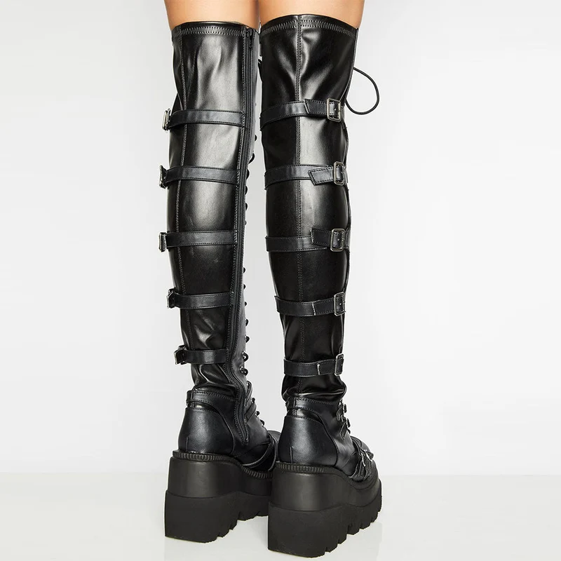 Damen Hochformatige Plateau-Stiefel mit modischem Reißverschluss und Schnür-Design Drune