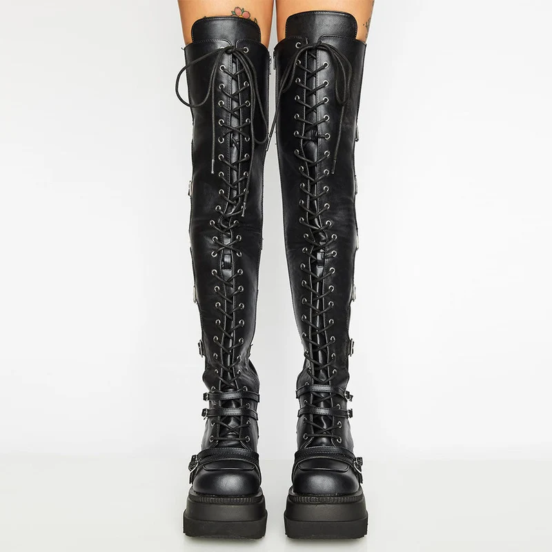 Damen Hochformatige Plateau-Stiefel mit modischem Reißverschluss und Schnür-Design Drune