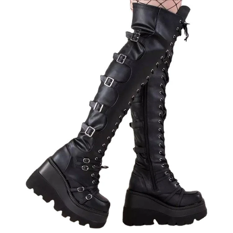 Damen Hochformatige Plateau-Stiefel mit modischem Reißverschluss und Schnür-Design Drune
