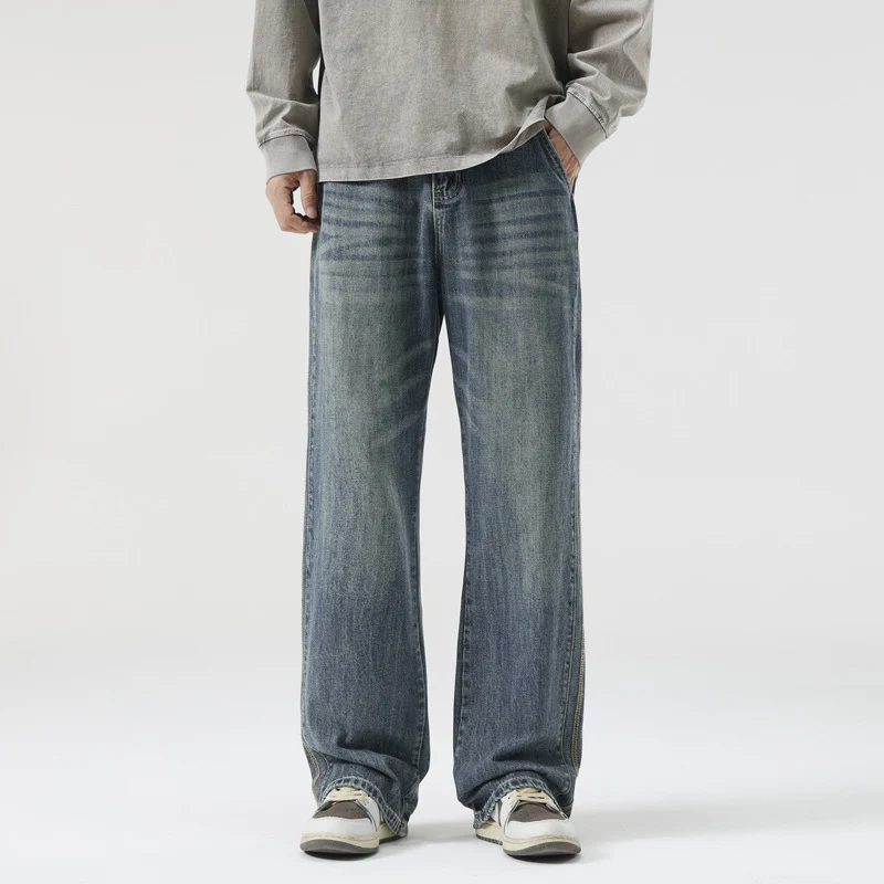 Herren Weite Vintage-Denimjeans mit Used-Waschung und geradem Bein Drune