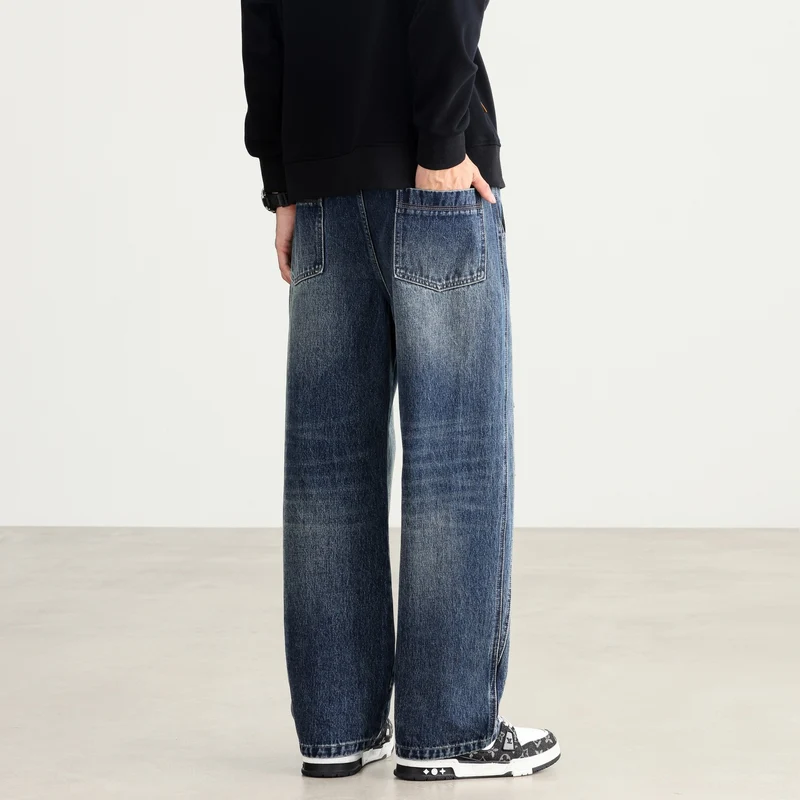 Herren Weite Denim-Hose mit Tunnelzugbund, Paneelnähten und Used-Waschung Drune