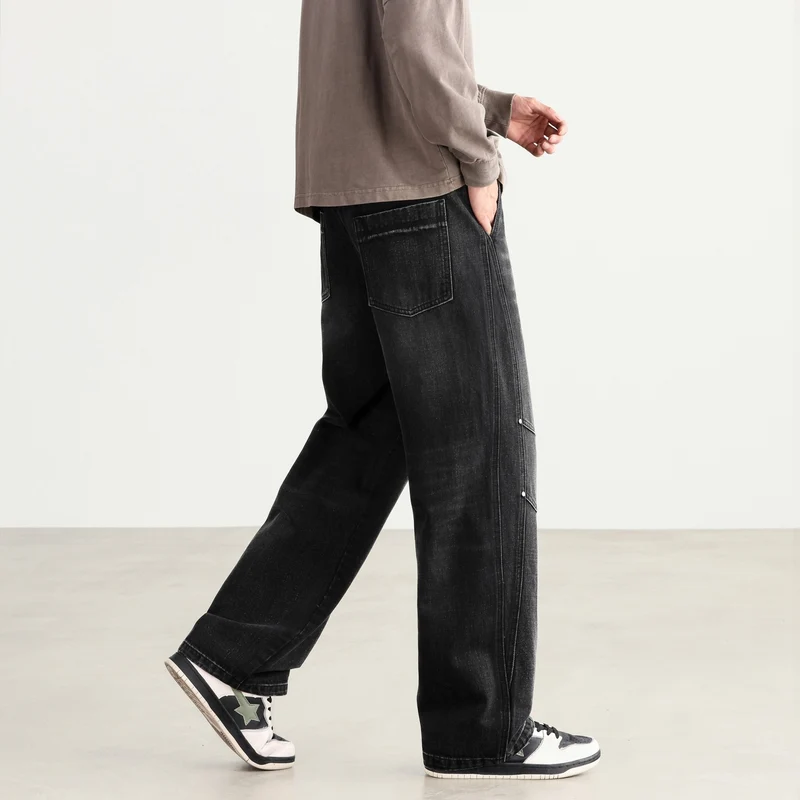 Herren Weite Denim-Hose mit Tunnelzugbund, Paneelnähten und Used-Waschung Drune