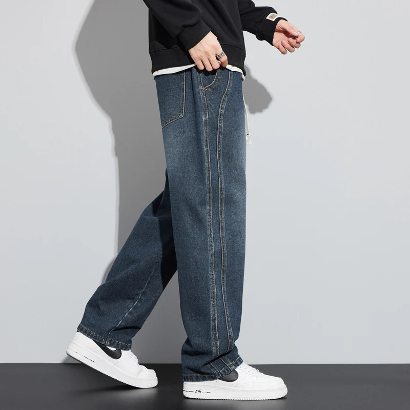 Herren Weite Denim-Hose im Lounge-Style mit Tunnelzugbund und geradem Bein Drune