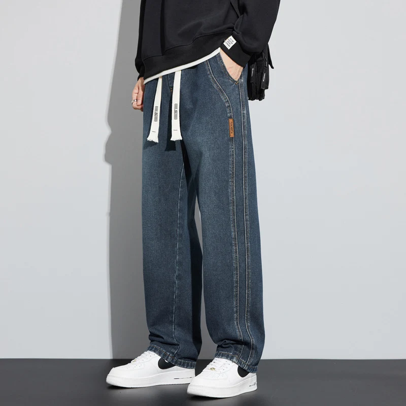 Herren Weite Denim-Hose im Lounge-Style mit Tunnelzugbund und geradem Bein Drune