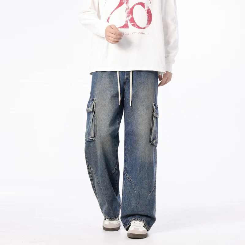 Herren Weite Cargo-Denimhose mit Tunnelzug, Used‑Waschung und Oversize‑Passform Drune