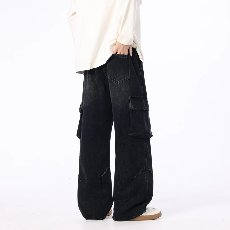 Herren Weite Cargo-Denimhose mit Tunnelzug, Used‑Waschung und Oversize‑Passform Drune