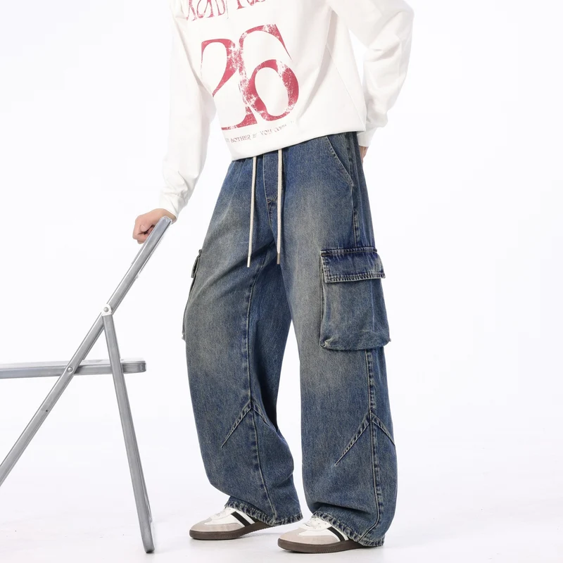 Herren Weite Cargo-Denimhose mit Tunnelzug, Used‑Waschung und Oversize‑Passform Drune