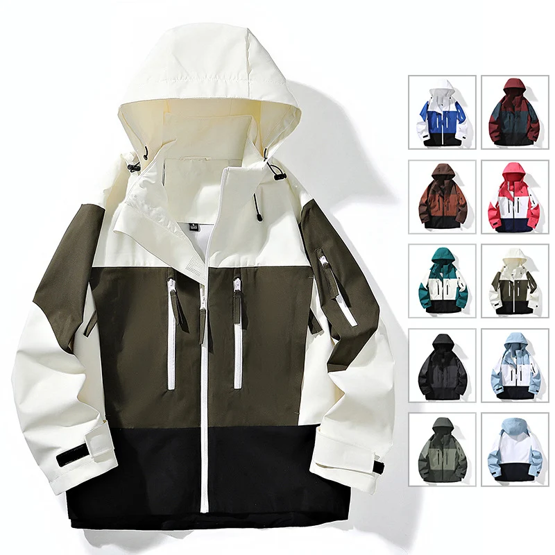 Herren Wasserabweisende Colorblock-Outdoorjacke mit Kapuze, Mehrfach-Reißverschlusstaschen und verstellbaren Bündchen Drune