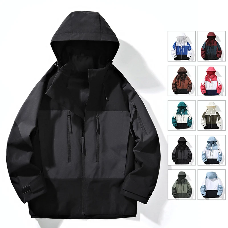 Herren Wasserabweisende Colorblock-Outdoorjacke mit Kapuze, Mehrfach-Reißverschlusstaschen und verstellbaren Bündchen Drune