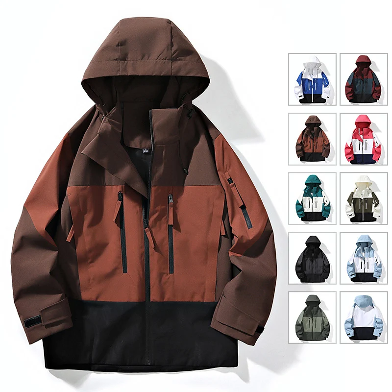 Herren Wasserabweisende Colorblock-Outdoorjacke mit Kapuze, Mehrfach-Reißverschlusstaschen und verstellbaren Bündchen Drune