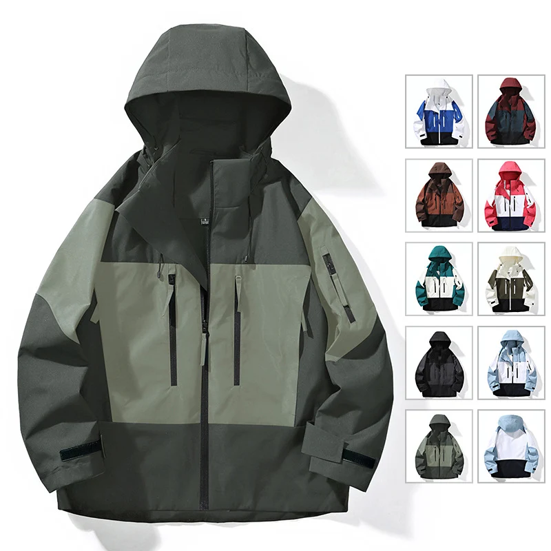 Herren Wasserabweisende Colorblock-Outdoorjacke mit Kapuze, Mehrfach-Reißverschlusstaschen und verstellbaren Bündchen Drune