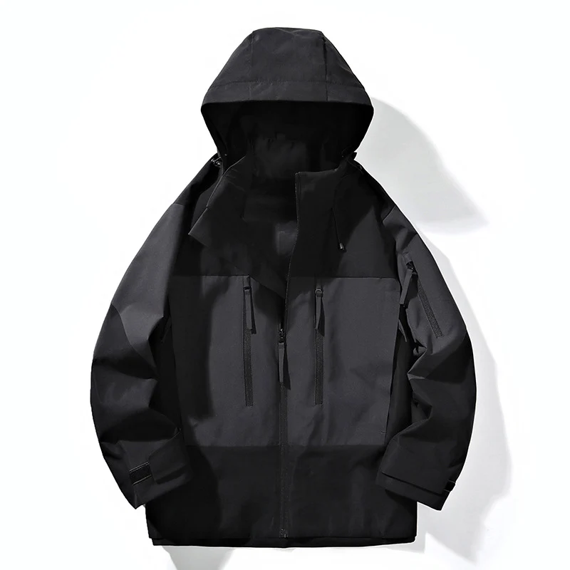 Herren Wasserabweisende Colorblock-Outdoorjacke mit Kapuze, Mehrfach-Reißverschlusstaschen und verstellbaren Bündchen Drune