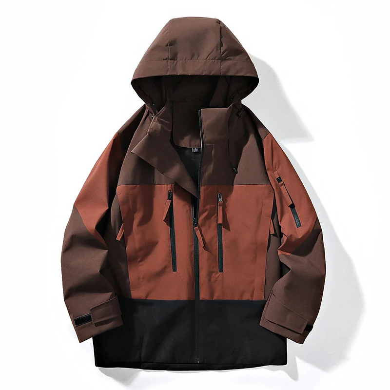 Herren Wasserabweisende Colorblock-Outdoorjacke mit Kapuze, Mehrfach-Reißverschlusstaschen und verstellbaren Bündchen Drune