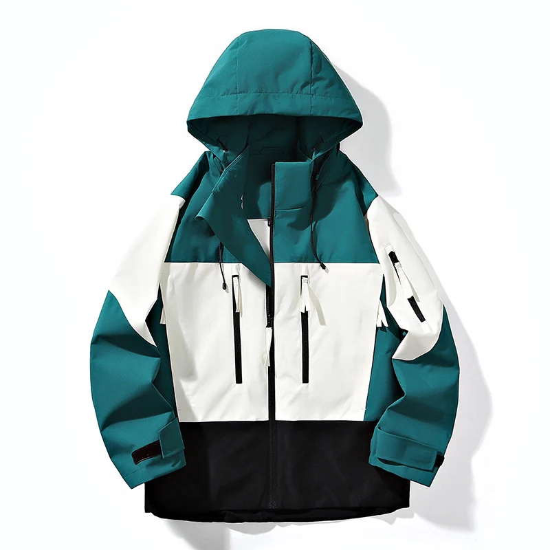 Herren Wasserabweisende Colorblock-Outdoorjacke mit Kapuze, Mehrfach-Reißverschlusstaschen und verstellbaren Bündchen Drune