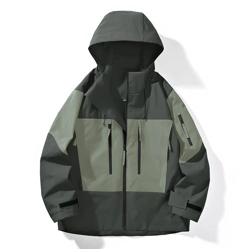 Herren Wasserabweisende Colorblock-Outdoorjacke mit Kapuze, Mehrfach-Reißverschlusstaschen und verstellbaren Bündchen Drune