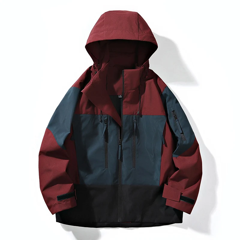 Herren Wasserabweisende Colorblock-Outdoorjacke mit Kapuze, Mehrfach-Reißverschlusstaschen und verstellbaren Bündchen Drune