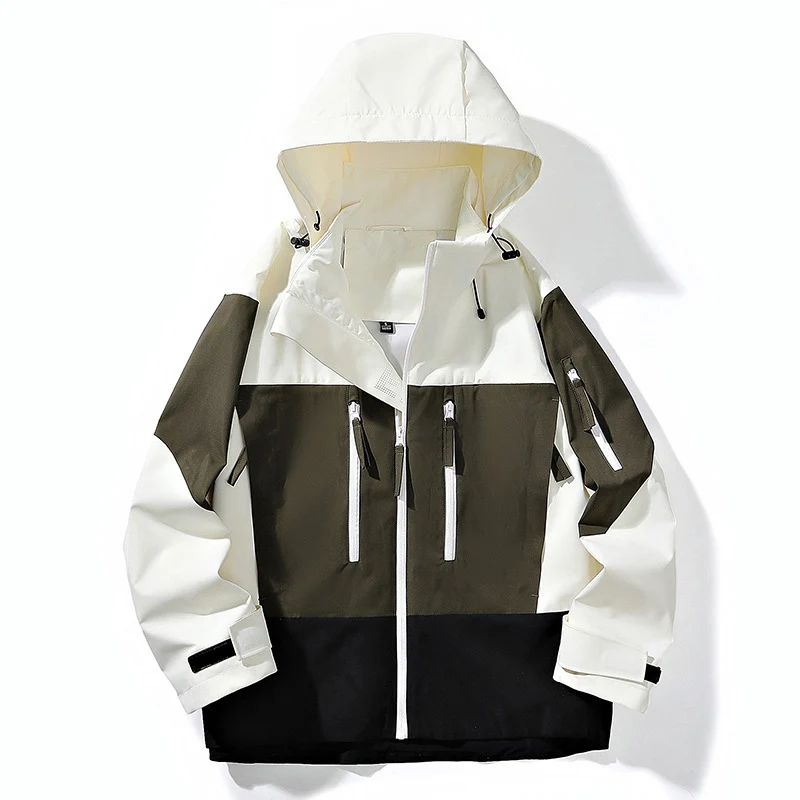 Herren Wasserabweisende Colorblock-Outdoorjacke mit Kapuze, Mehrfach-Reißverschlusstaschen und verstellbaren Bündchen Drune