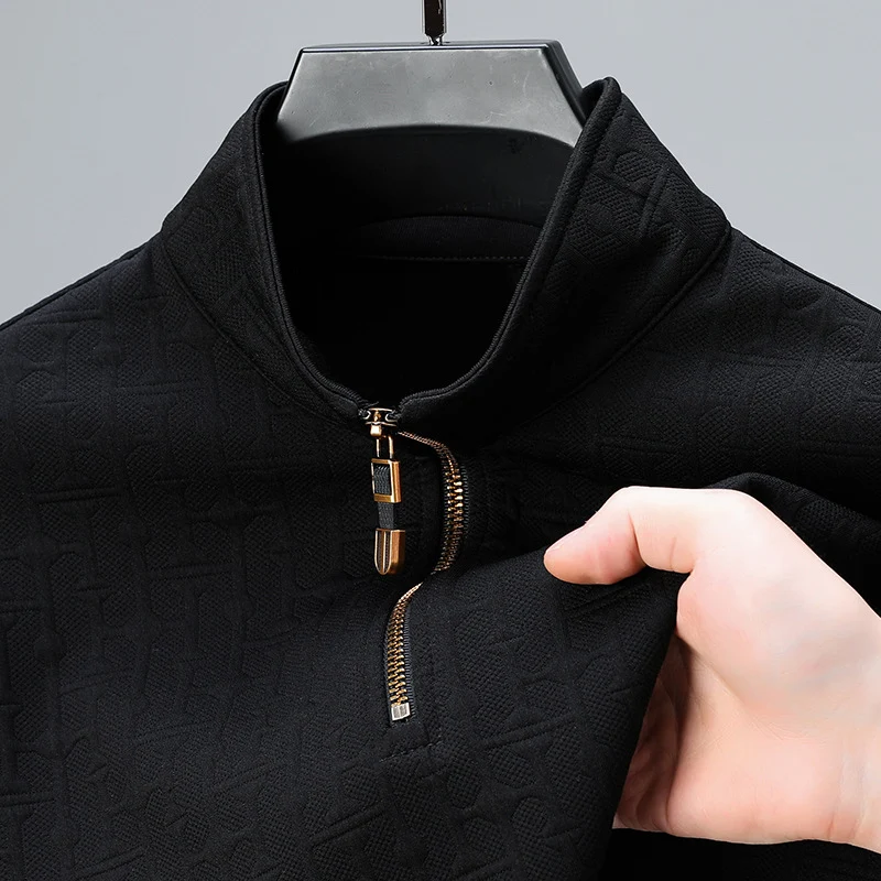 Herren Struktur-Jacquard Troyer mit kurzem Reißverschluss und Stehkragen Drune