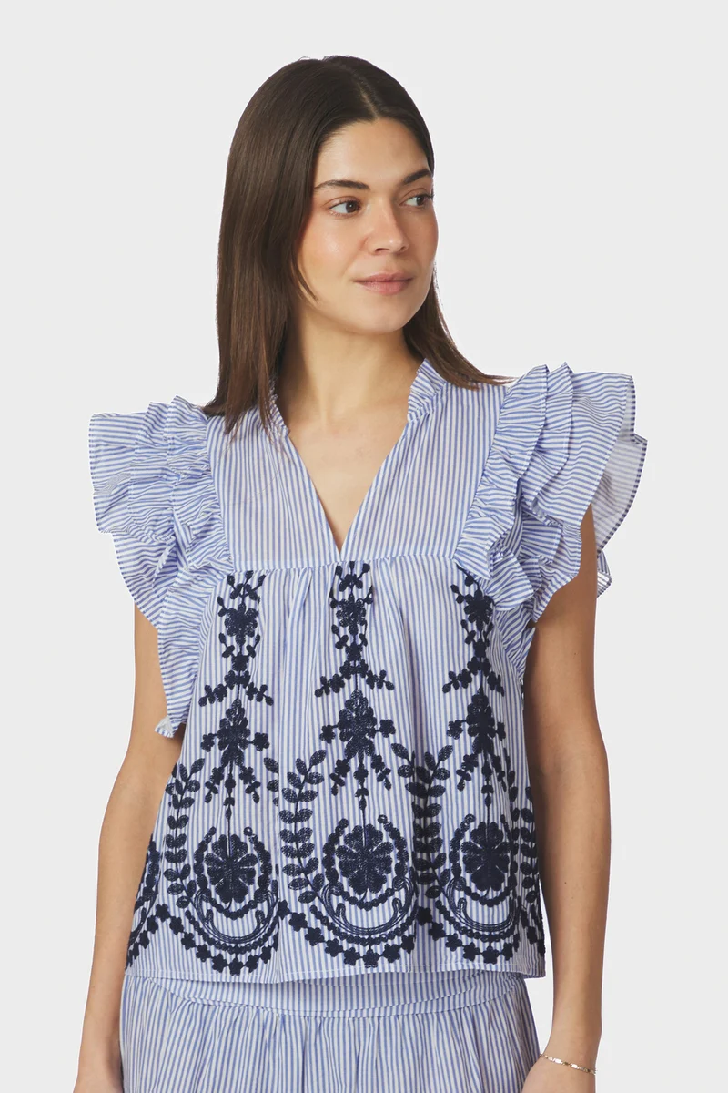 Jayla Stripe Embroidery Top | Blue