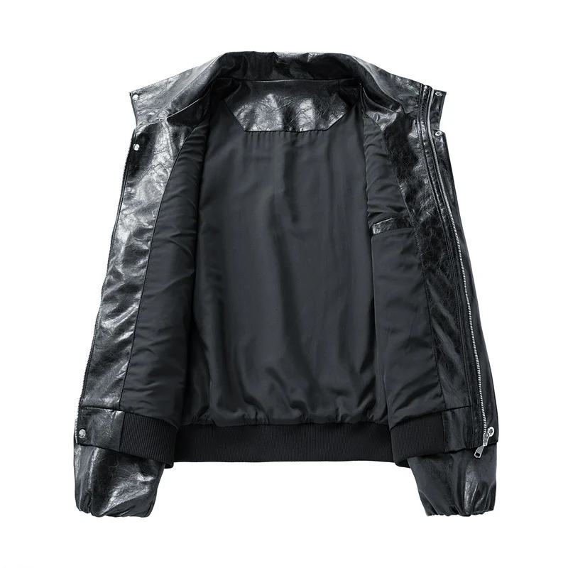 Damen Modische Kunstlederjacke mit hohen Kragen Drune