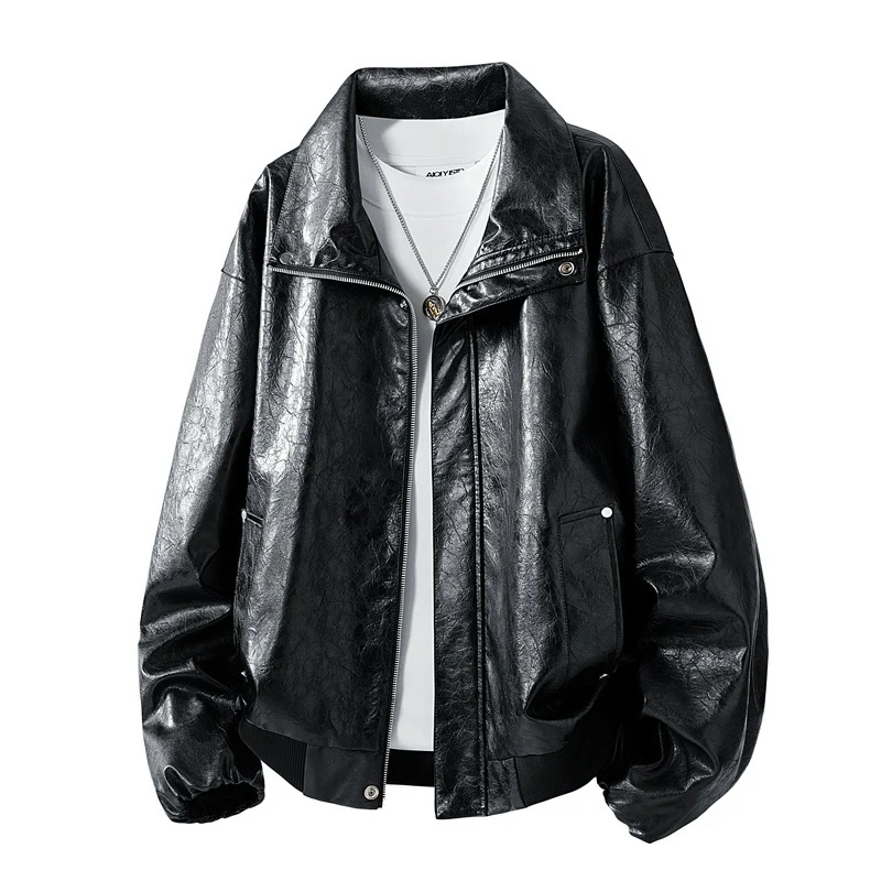 Damen Modische Kunstlederjacke mit hohen Kragen Drune