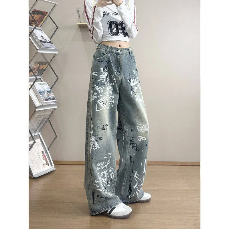 Damen Stylische Oversized Jeans mit grafischem Print Drune