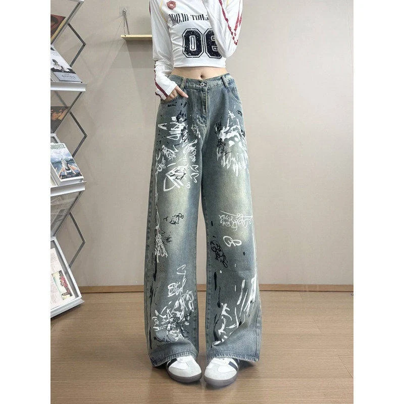 Damen Stylische Oversized Jeans mit grafischem Print Drune