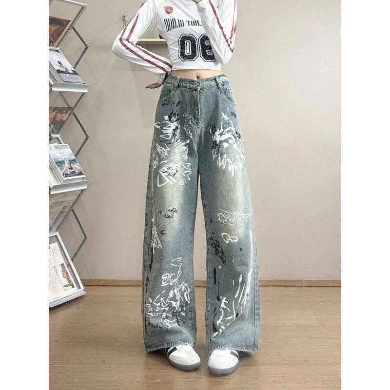 Damen Stylische Oversized Jeans mit grafischem Print Drune