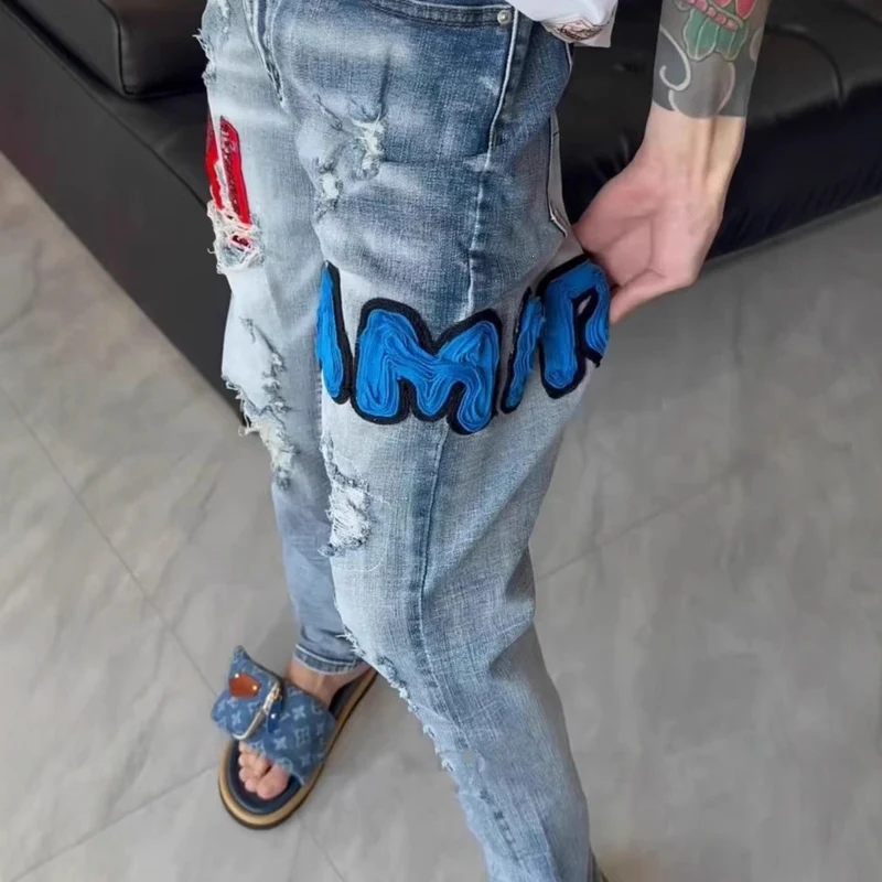 Herren Modische Jeans mit Aufnähern und Distressed-Effekten Drune