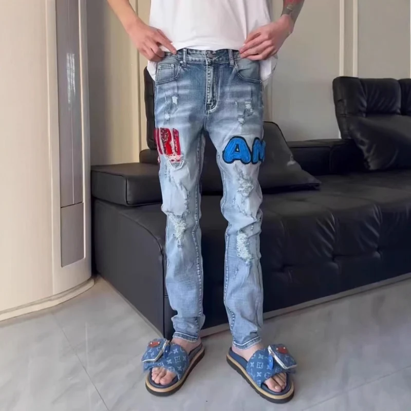 Herren Modische Jeans mit Aufnähern und Distressed-Effekten Drune