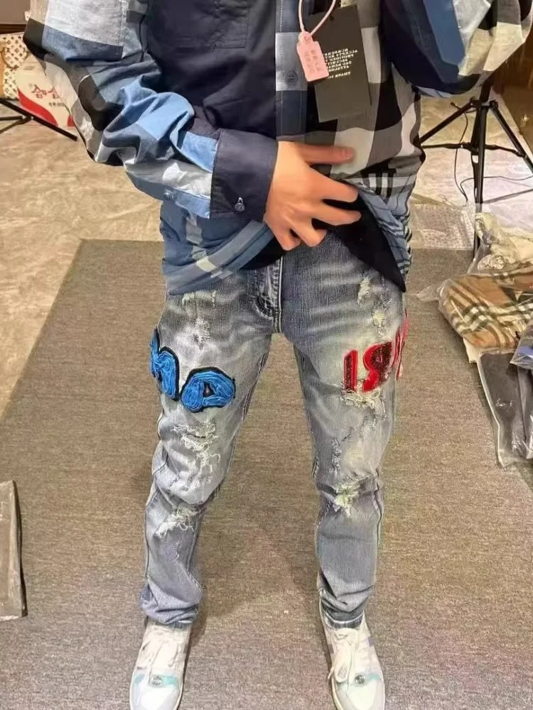 Herren Modische Jeans mit Aufnähern und Distressed-Effekten Drune