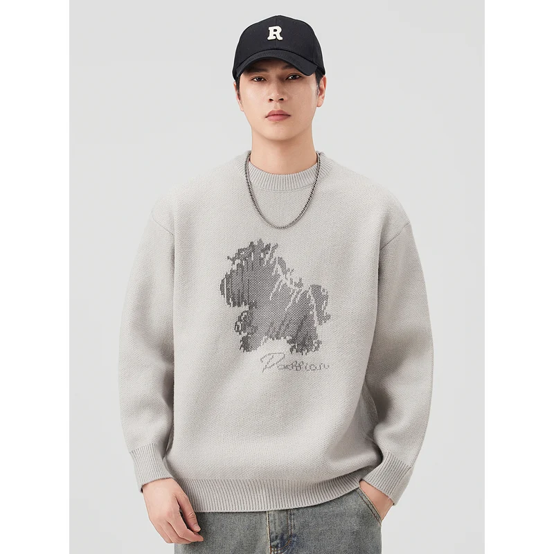 Herren Modischer Grobstrickpullover mit kreativer Tiermotiv-Applikation Drune