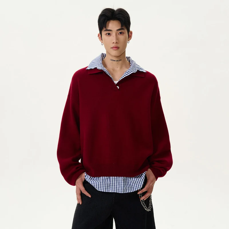 Herren Modischer Grobstrickpullover mit Hemdkragen und Knopfleiste Drune