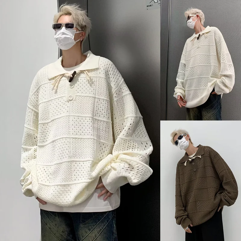 Herren Modischer Grobstrick Pullover mit Stehkragen und Knopfleiste Drune