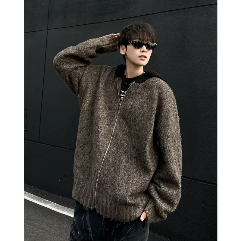 Herren Modischer Grobstrick Pullover mit Kapuze Drune