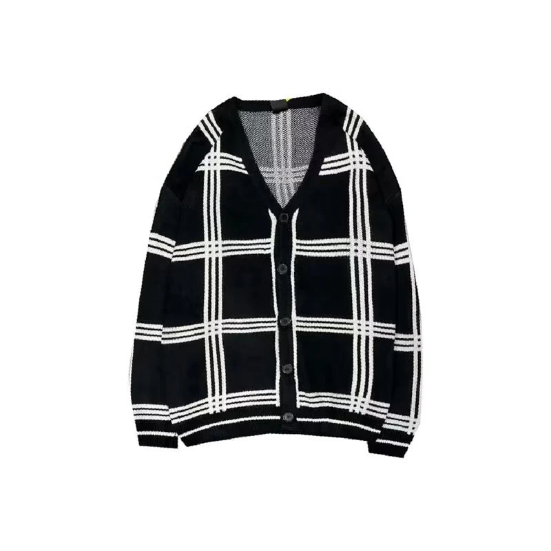 Herren Modischer Grobstrick Cardigan mit Karomuster Drune
