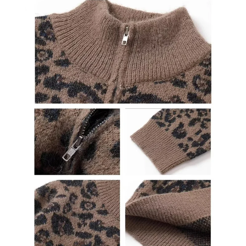 Herren Modische Strickjacke mit Leopardenmuster und hohem Kragen Drune