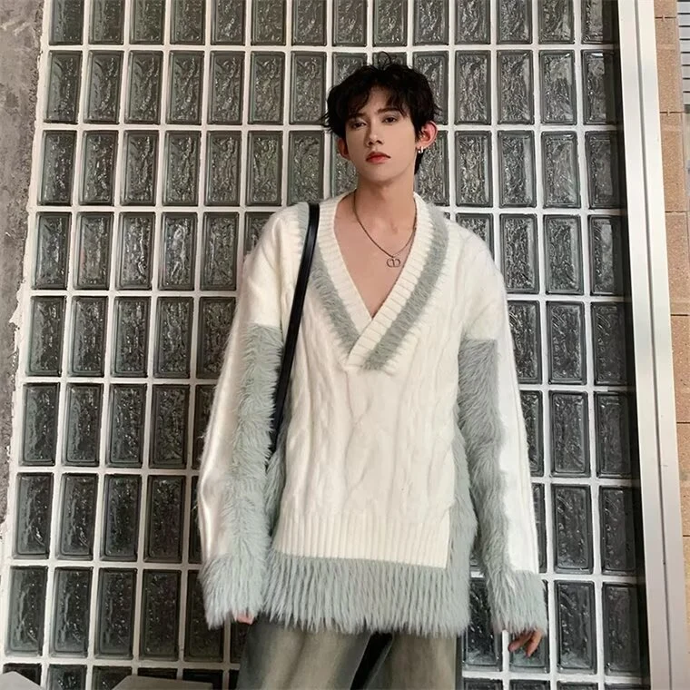 Herren Luxuriöser Grobstrickpullover mit tiefem V-Ausschnitt Drune