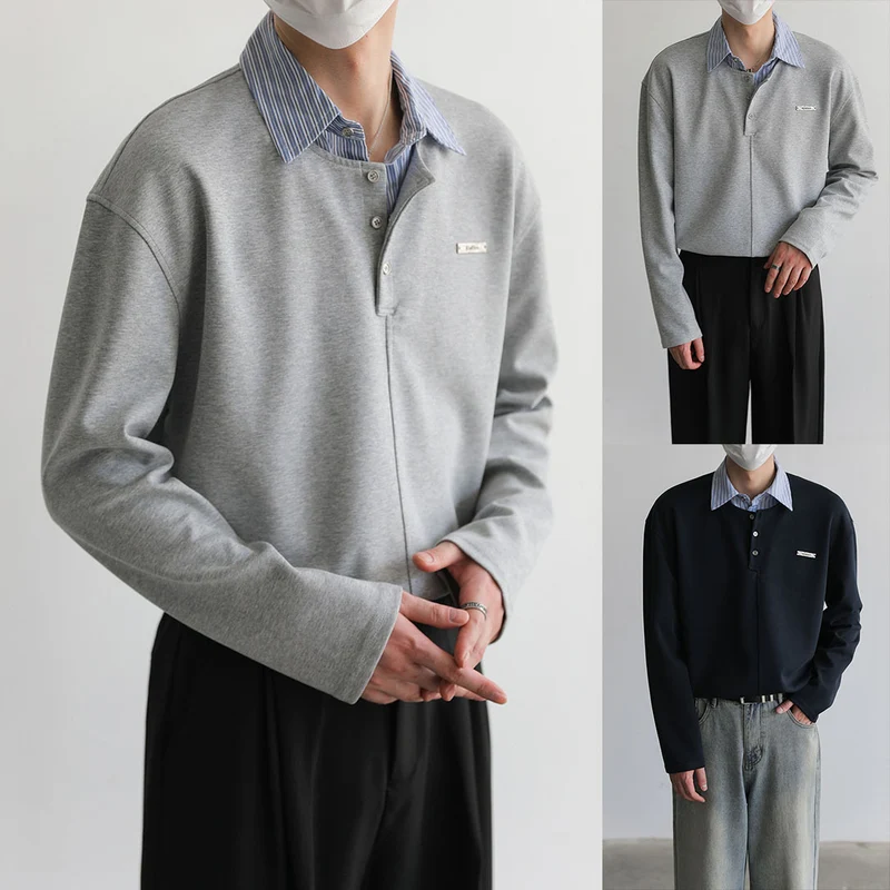 Herren Lässiges Poloshirt mit Langarm und Knopfleiste Drune