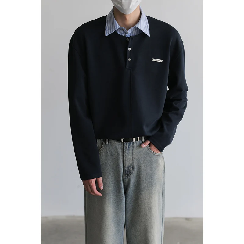 Herren Lässiges Poloshirt mit Langarm und Knopfleiste Drune