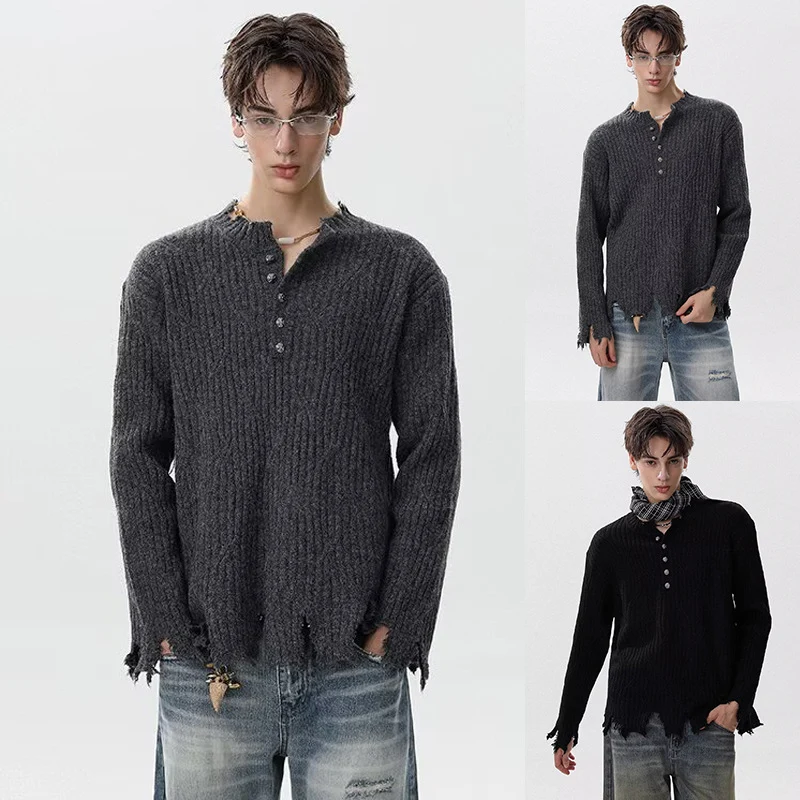 Herren Lässiger Grobstrickpullover mit Knopfleiste und rissigem Saum Drune