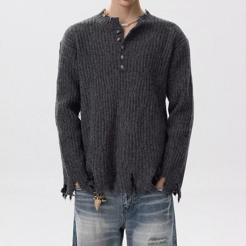 Herren Lässiger Grobstrickpullover mit Knopfleiste und rissigem Saum Drune
