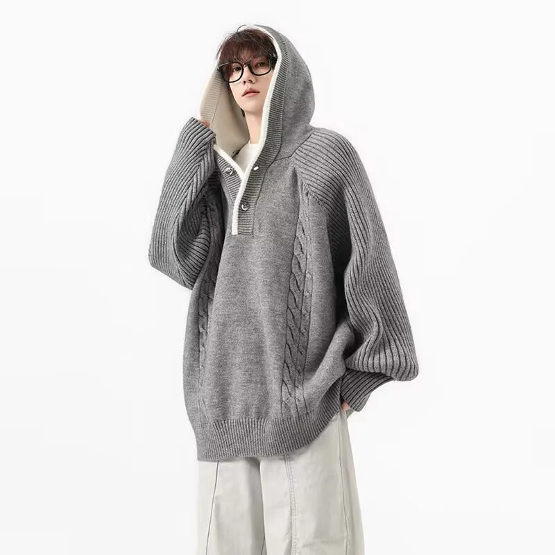 Herren Grobstrickpullover mit Kapuze und Knopfleiste Drune